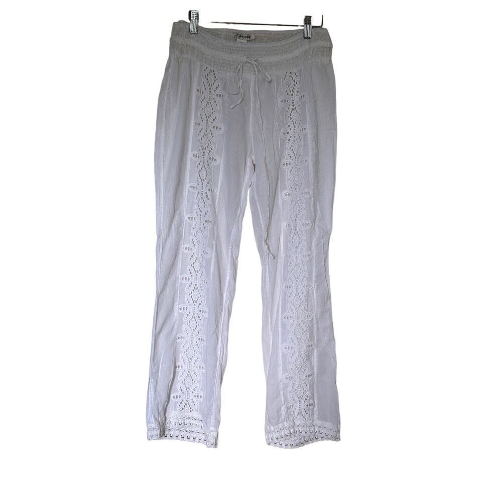 Women’s Cute Options White Straight Leg Lace Embroidered Swim Cover Up Pants Sz